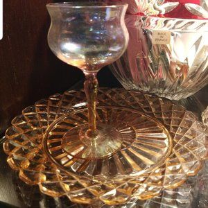 Mid century light Amber long stemmed Crystal Champagne & waffle saucer